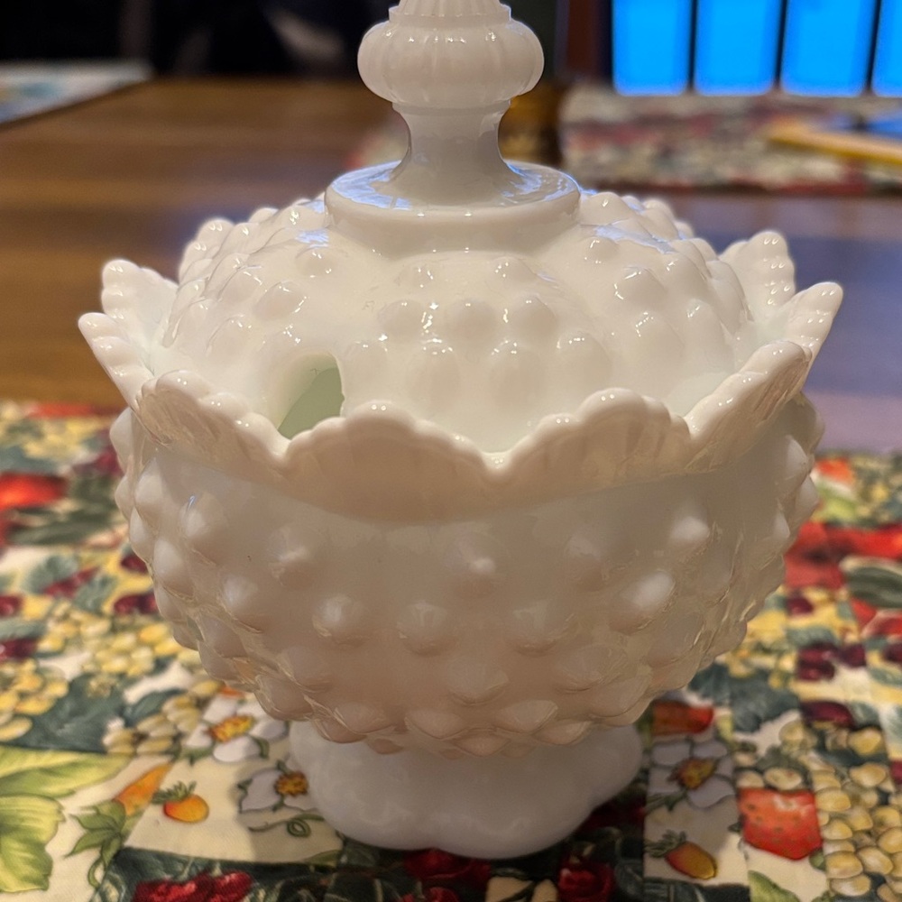 Fenton hobnail milk glass covered sugar bowl or jam bowl